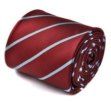 Frederick Thomas Designer Mens Tie - Burgundy Maroon - Light Baby Blue Striped