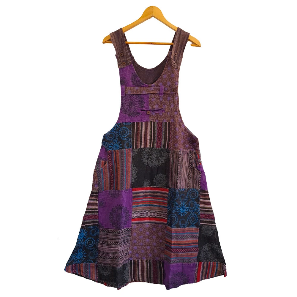 Womens Purple Patchwork Pinafore Dress Hippie Boho Summer Hippy Festival