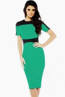 Women Fashion Green Black Colorblock Short Sleeve Stretch Pencil Midi Dress  | eBay