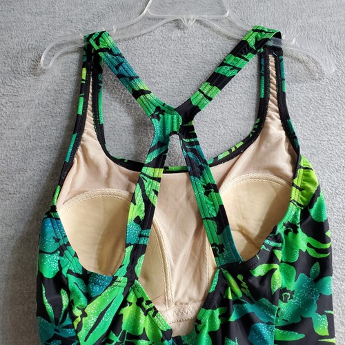 Speedo Girls Swimwear 16 Green Floral Ombre One Piece Leaf Print Racerback - Picture 6 of 6