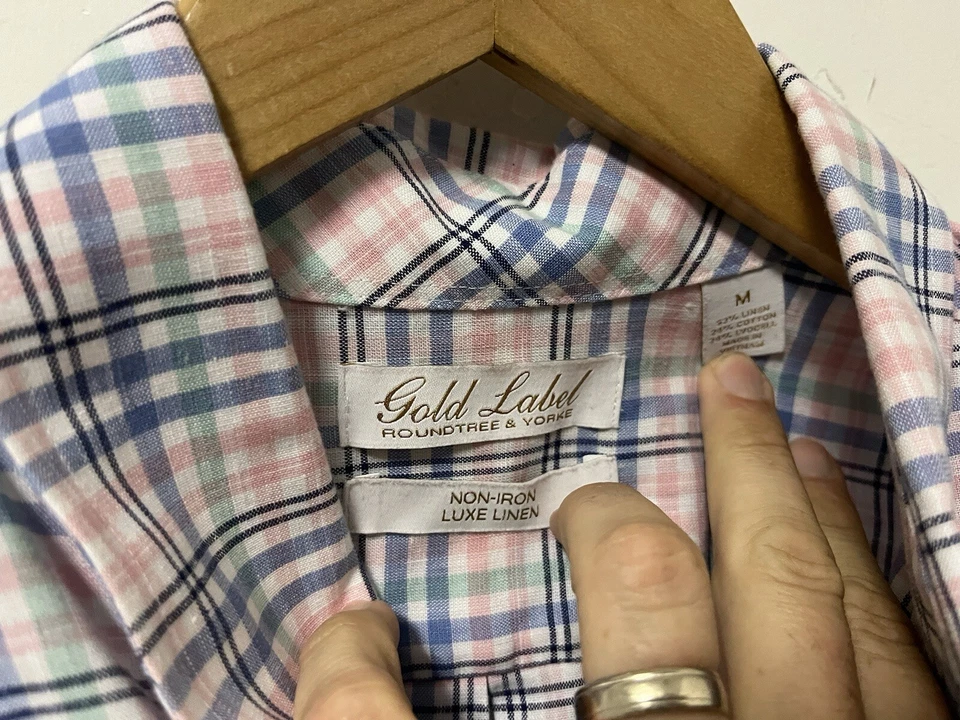 Men’s Roundtree & Yorke Gold Label Luxe Linen Non Iron Shirt Size L Plaid - Image 4 of 4