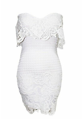 Damen kurzes Kleid weiß Spitze Makramee Carmen Ausschnitt Volant 21963