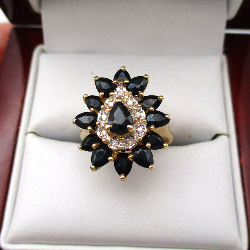 14K Yellow Gold BlueSapphire Diamond Cocktail Ring Size 5.75
