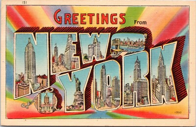 Large Letter Greetings from New York City NY - 1945 Linen Postcard