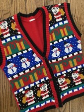 Vintage Over The Top Crazy Busy Ugly Christmas Sweater Vest Santa Snowmen S M