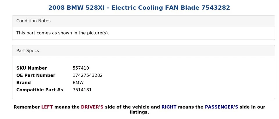 BMW 528XI 2008 - Ventilador de refrigeración eléctrico hoja 7543282 Foto 4 de 4