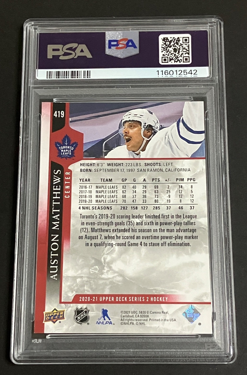 2020-21 Upper Deck Auston Matthews Exclusives /100 PSA 9 view 4
