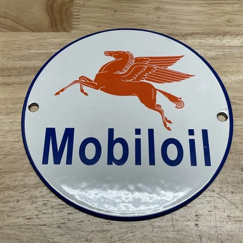VTG MOBILE OIL PORCELAIN SIGN RED PEGASUS PUMP PLATE GAS STATION OIL 6” DIA