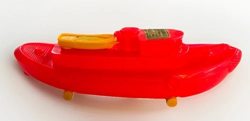 Vintage MARX Tug Boat 20" Rolls Floats Plastic Pull Toy Whistles Neon Red Ship