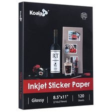 Koala Printable Glossy Sticker Paper for Inkjet Printer, White, 8.5x11 Inch S...