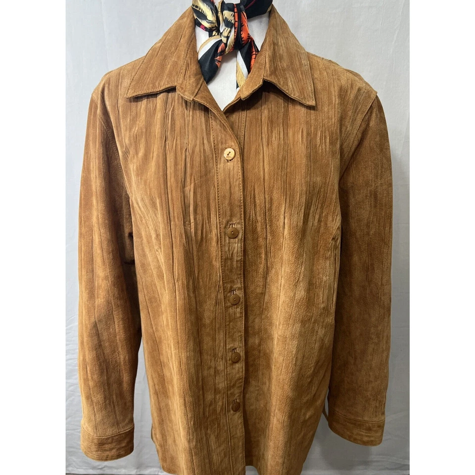 Coldwater Creek Camisa de Cuero Chaqueta Chaqueta Tostada Arrugada Gamuza Abotonada Talla 1X Foto 4 de 4