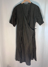 Bryn Walker Olive Linen Wrap Short Sleeve Dress Relaxed Oversized Womens L - USA