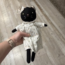 Handmade Homemade Black Cat Doll Stuffie With Floral Dress Girls Decor Kitten