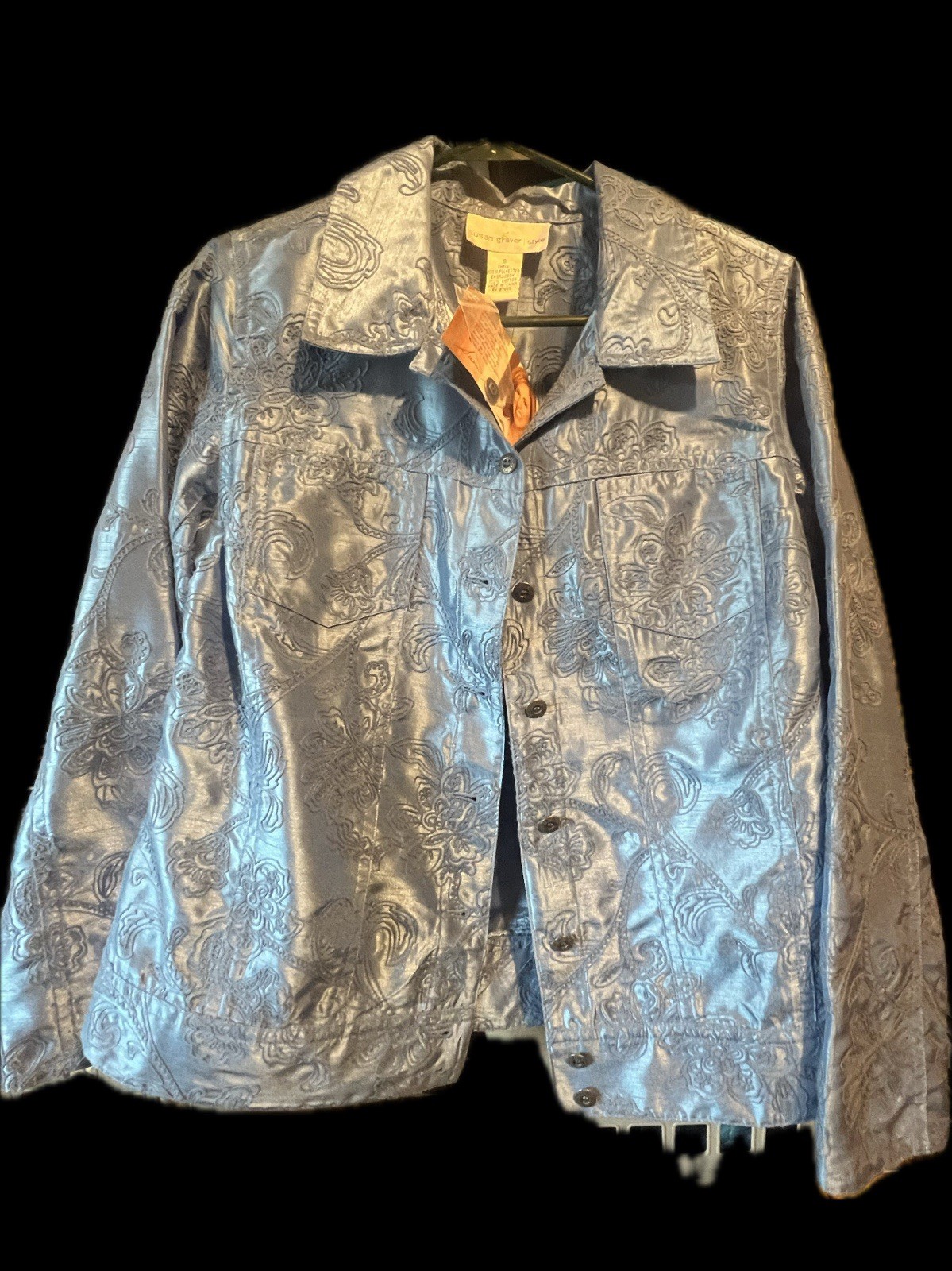 Susan Graver Blue Embroidered Floral Button Collared Jacket Long Sleeve Size S