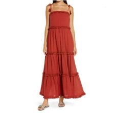 Tory Burch size M maxi dress ruffle tiered orange cotton tie sleeve boho lined