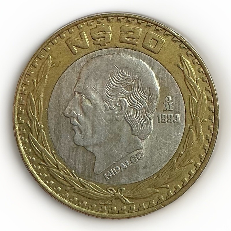 1993 MEXICO 20 NUEVOS PESOS- BIMETAL WITH 7.77 GRAM .925 SILVER CENTER-FREE SHIP