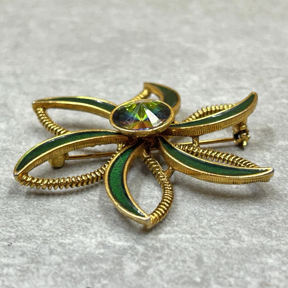 Broche Vintage Flor Verde AB Rivoli Centro Estrás Esmalte Tono Dorado Foto 2 de 4