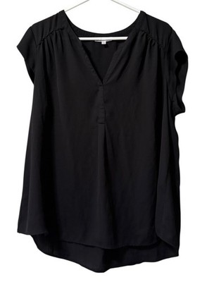 DR2 Women Size 1X Black Blouse V Neck Cap Sleeves Lightweight Polyester Vacation