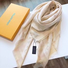 SCARF LOUIS VUITTON SCARF SHAWL PONCHO 100% AUTHENTIC CLASSIC SILK BEIGE WHITE
