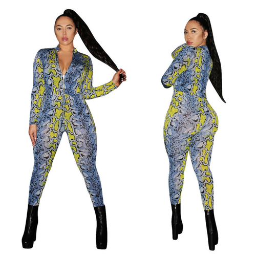Woman Long Sleeve Jumpsuit snakeskin Printed Front Zipper Tight Bodysuit S-2XL - Picture 3 of 7