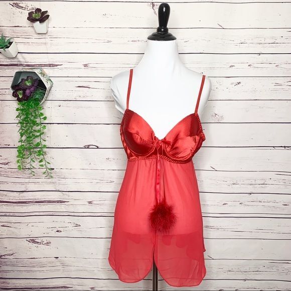 Vintage Red Sheer Babydoll Lingerie w/ Poms Medium Gem