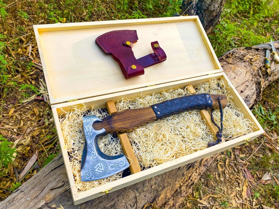 Personalize HAND FORGED Carbon Steel Viking Axe Tomahawk Throwing Axe W/Sheath - Image 2 of 4