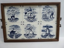 VINTAGE WOODEN FRAMED SERVING TRAY DELFT PICTURES BOATS WINDMILL POTTERY TILES