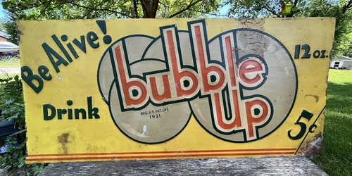 Vtg 1930s 40s Bubble Up Soda Pop 5¢ Advertising Embossed Metal Sign 27.25” - Picture 11 of 15