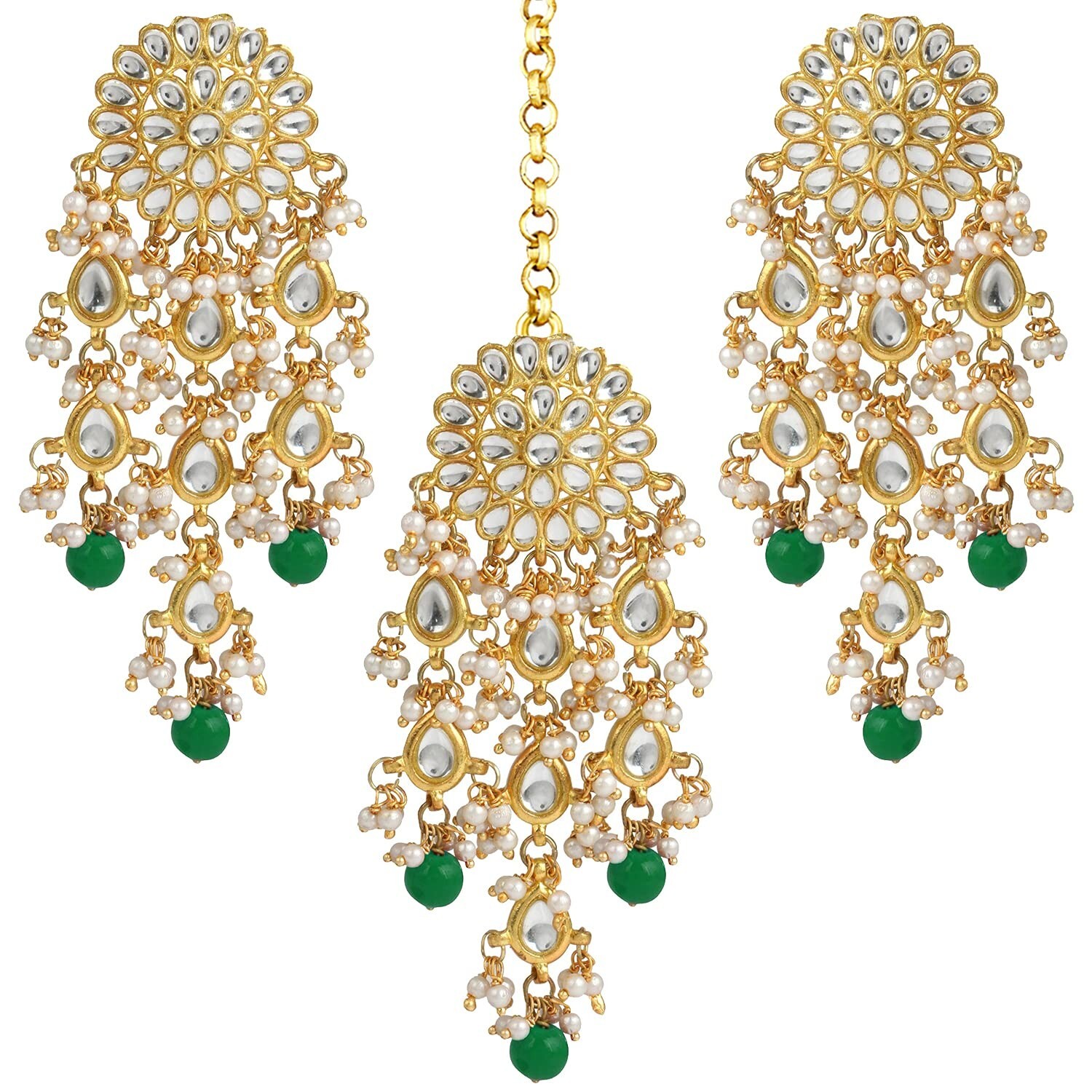 Aheli Kundan Beaded Chandelier Drop Earrings Maang Tikka Indian Jewelry Set