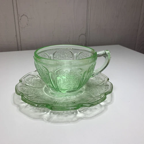 Reproduction Cherry Blossom Green Depression Style Glass Teacup and Saucer