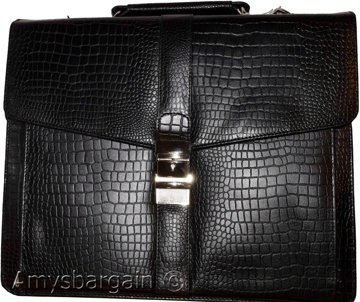 Crocodile Skin Printed Leather Briefcase Black Business case