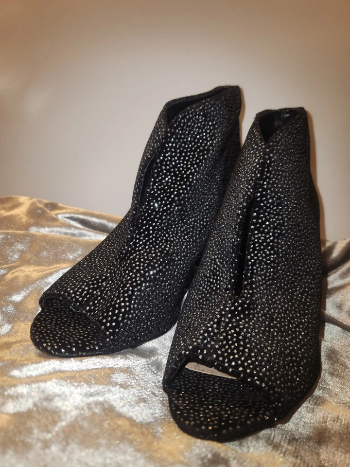 Tacón alto 7,5, Nina West, negro, brillo, punta abierta, baile, graduación, club, boda, festival Foto 4 de 4