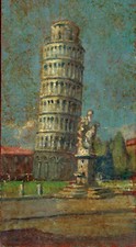 Dipinto Olio su Tavoletta Pisa Toscana Torre Pendente cm 12, 5 x 22,5