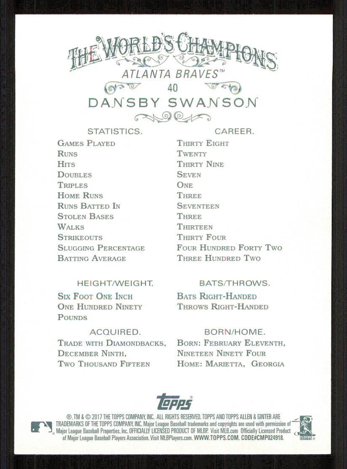 2017 Topps Allen and Ginter #40 Dansby Swanson RC - Image 2 of 2