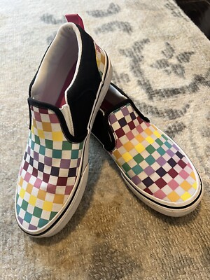 Vans Kids Asher Checkerboard Rainbow Slip On Shoes Sz