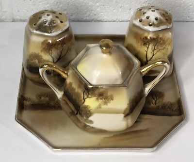 VTG Noritake Japan Ceramic Hand Painted Salt Pepper Sugar Tray Set Trees Water