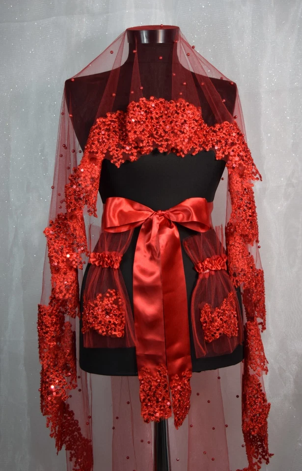 红色新娘面纱套装,珍珠和 Guipure 刺绣串珠雏菊海娜面纱 4 件套 — 第 2/4 张图片