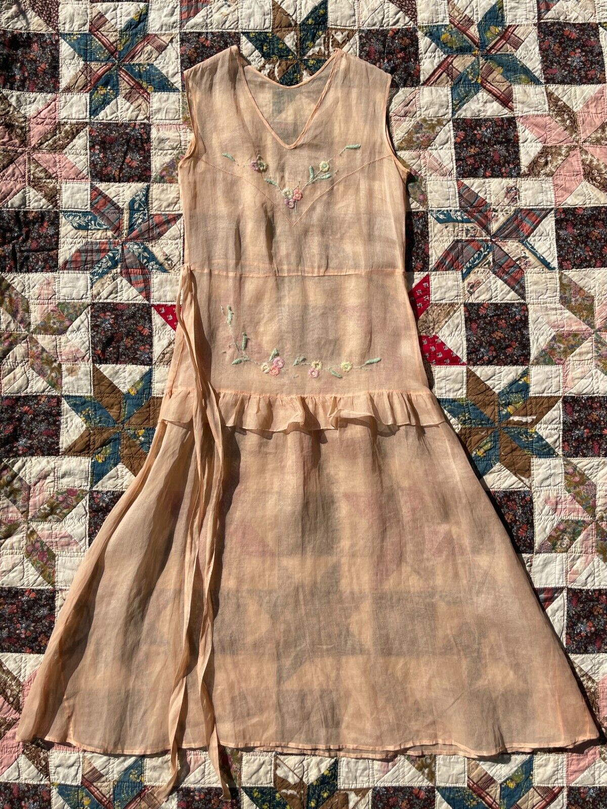 1930s 30s Silk Floral Embroidered Sheer Dress - image 1