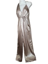 Halston Draped Champagne Gold Metallic Column Dress Gown Slit Front Size 2