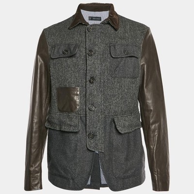 Dsquared2 GreyBrown Herringbone Wool and Leather Jacket XL