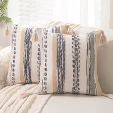 Boho Throw Pillow Covers 18x18 Set of 2 Woven Tufted 18" x 18" (Pack of 2) Grey