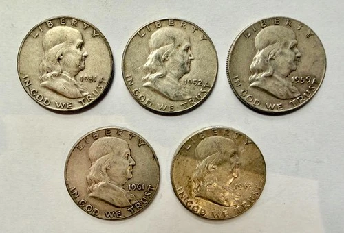 Lot of (x5) 1951-1963 90% 50C Silver Franklin Half Dollar Coins