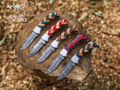 LOT OF 20 Pcs Handmade Damascus Steel Folding Knives, pocket Knives With Sheaths