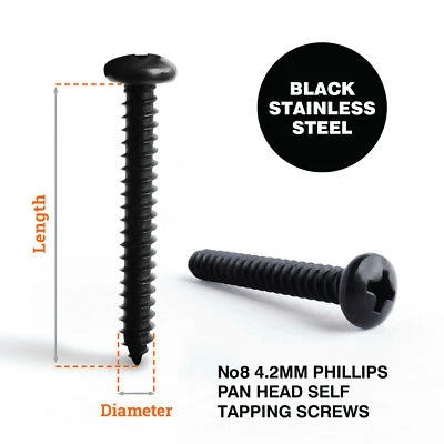 CARBOLTS No8 4.2mm Black Stainless Steel Phillips (Pozi-Pili) Pan Head Self Tapping Screw