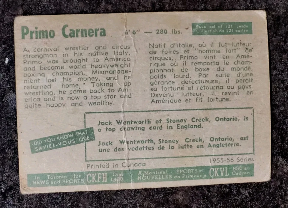 Parkhurst Wrestling #85 1955-56 Primo Carnera en muy buen estado envío bajo  Foto 2 de 2