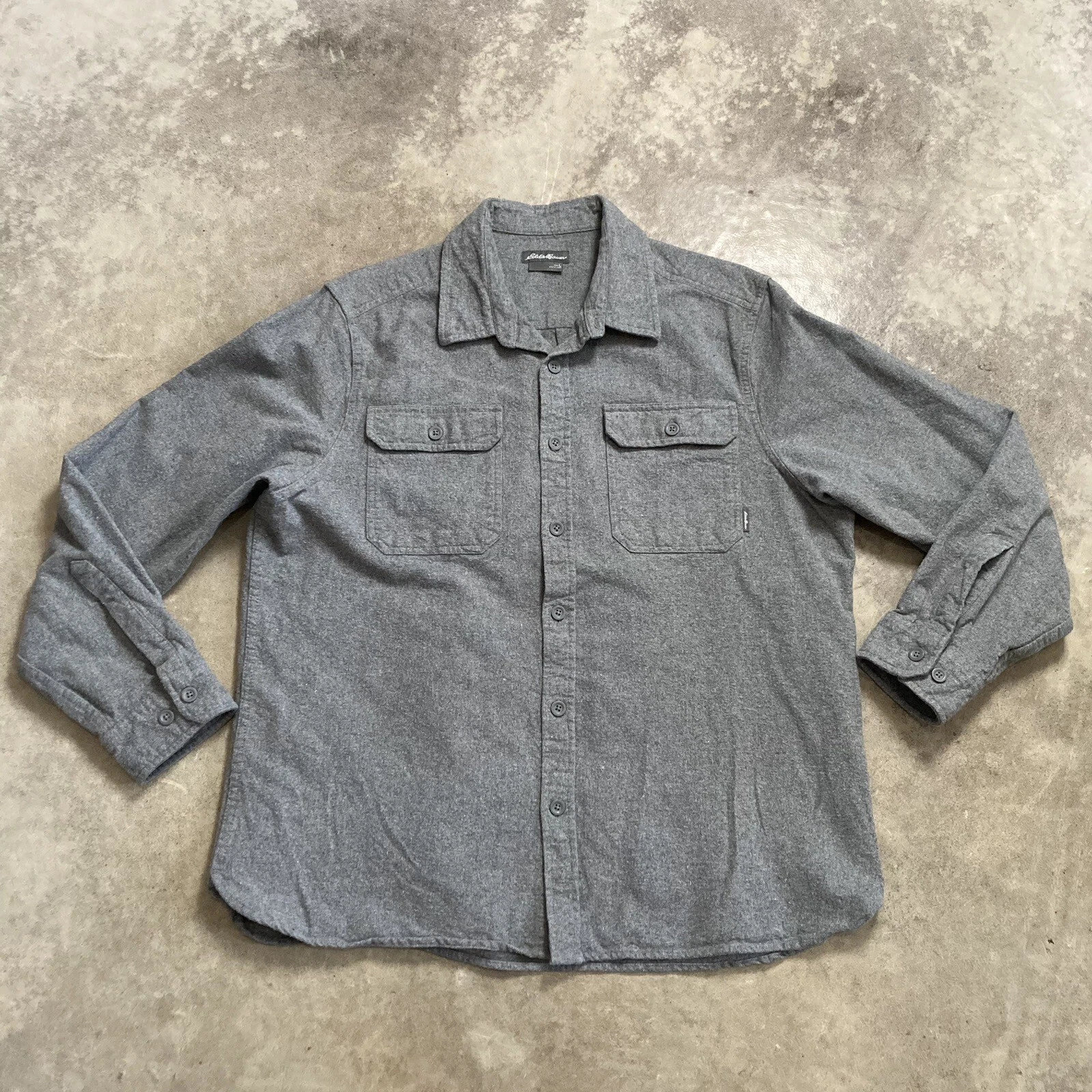 Eddie Bauer Mens Large Gray Flannel Button Up Shirt Outdoor Hiking Warm