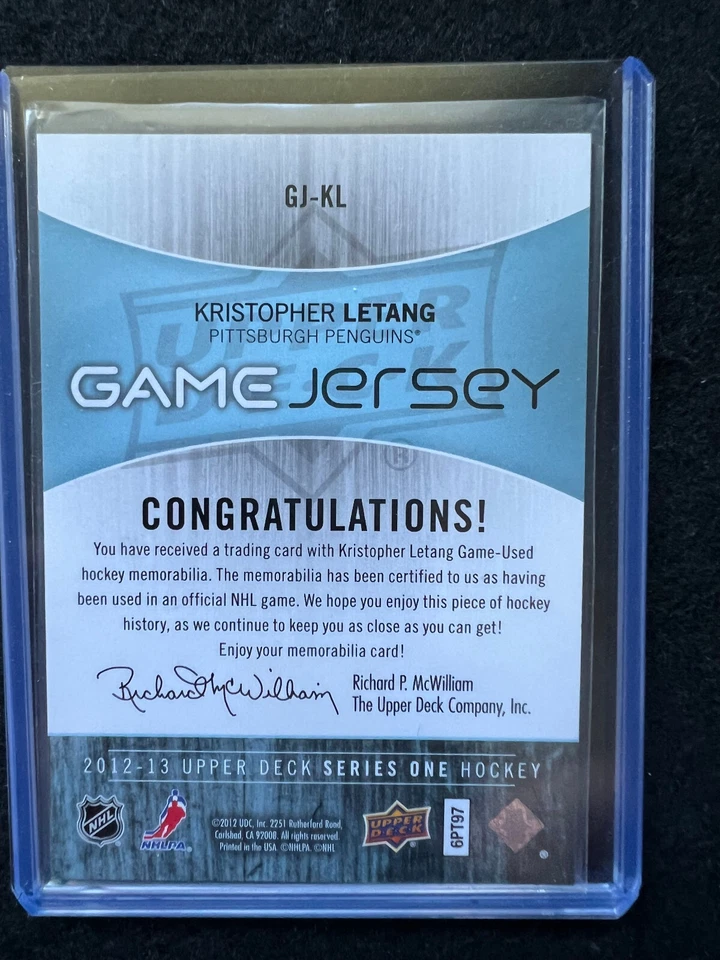 2012-13 U.D. NHL Series 1 Game Jersey Kristopher Letang #GJ-KL Pittsburgh - Image 2 of 2