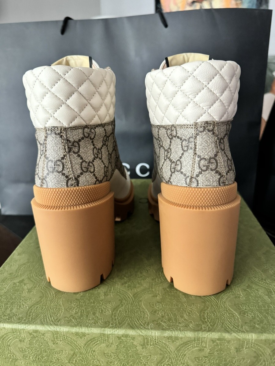 Gucci Women Lace up Heeled Ankle boots GG coated Canvas with