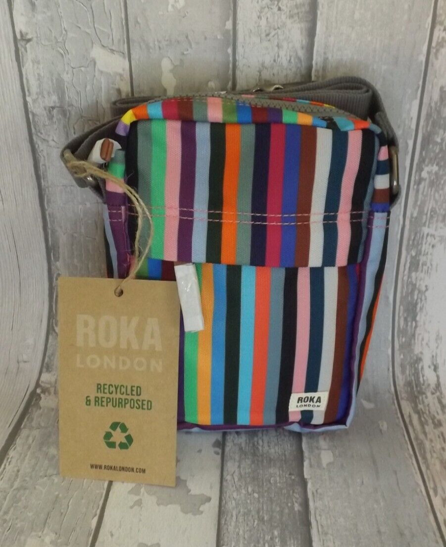 Bolso Bandolera Roka London Bond Mutli Rayas Lona Reciclada. Nuevo con etiquetas.