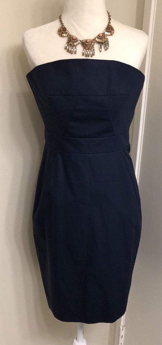 navy blue strapless knee length dress Strapless Pleated knee length Dress with Asymmetric Neckline 40035